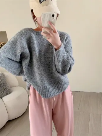 韩版圆领套头毛衣女秋冬新款温柔风宽松短款小个子软糯针织衫上衣商品大图