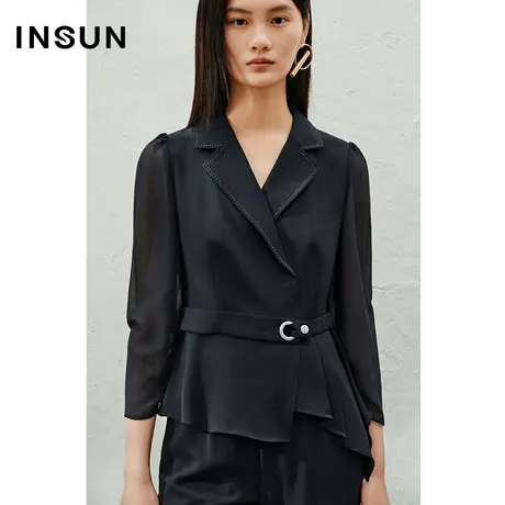 INSUN恩裳专选夏撞色珠针线不对称下摆衬衫商品大图