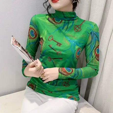 半高领网纱打底衫女内搭2024春秋新款印花长袖T恤气质显瘦上衣商品大图