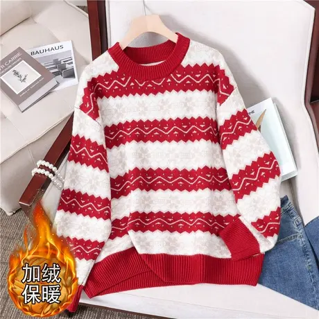 女士兔年本命年红色加绒毛衣女加厚秋冬季2022年新款爆款打底衫女图片