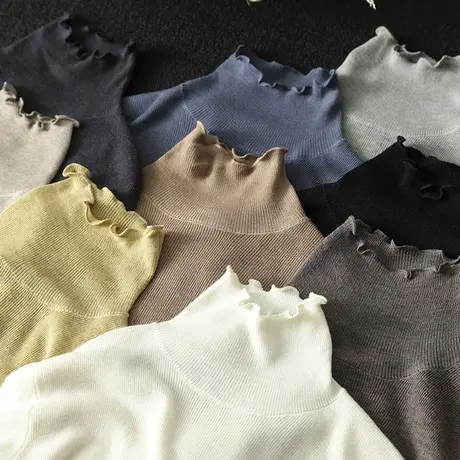 枫谜秋冬新款文艺简约拼接花边针织衫女休闲半高领套头打底上衣商品大图