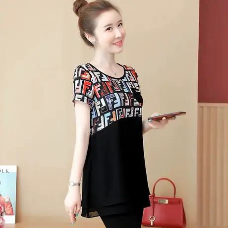 短袖女2023年新款碎花上衣洋气胖mm遮肚子雪纺衫大码女装藏肉显瘦商品大图