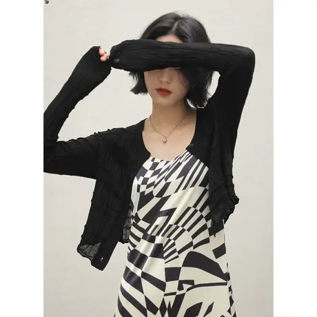 弥古黑色冰丝开衫针织外套女夏薄款防晒吊带裙外搭罩衫高级感短款图片