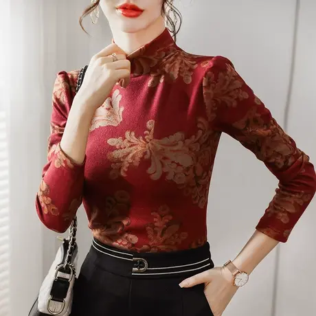 秋季新款半高领印花打底衫女加厚长袖T恤大码修身内搭气质上衣图片