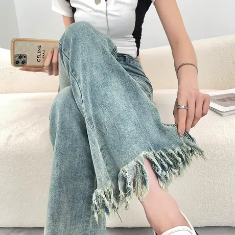 复古流苏高腰牛仔裤女2023年春秋新款显瘦设计感毛边马蹄微喇叭裤商品大图