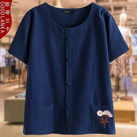 加肥加大码中老年妈妈夏装上衣宽松遮肚洋气简约刺绣棉麻短袖T恤图片