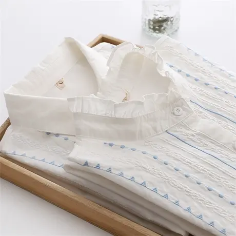 2020春秋新款刺绣文艺小清新提花纯棉花边立领白衬衫女士打底衬衣商品大图