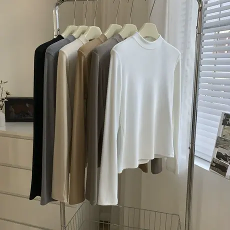 慕斯双面绒立领螺纹打底衫女22冬弹力修身纯色长袖小高领内搭T恤商品大图