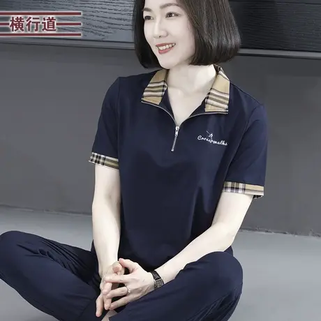 2025夏季新款简约休闲翻领格子拼接绣花宽松短袖T恤女装外穿上衣商品大图