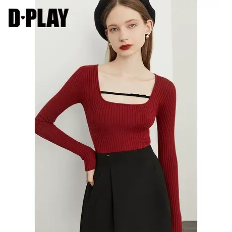 秋装新款优雅气质U型领蝴蝶结织带酒红色修身针织打底衫商品大图