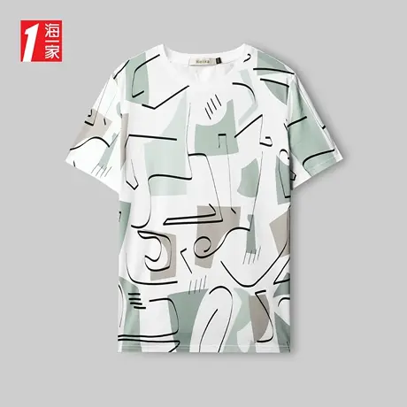 海一家创意撞色印花短T夏季时尚个性休闲圆领短袖T恤男商品大图