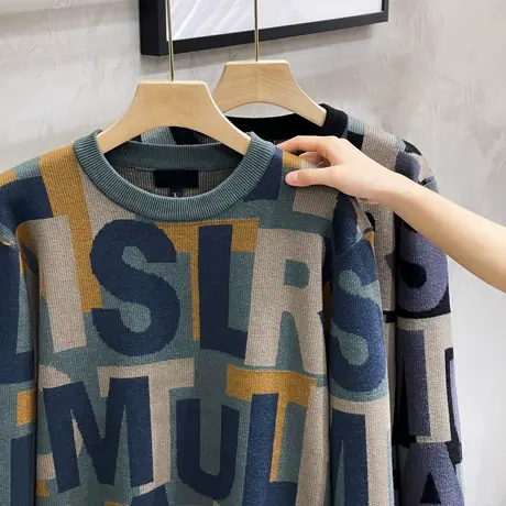 潮牌针织衫男宽松加厚保暖圆领毛衣秋冬季新款个性字母提花毛线衣商品大图