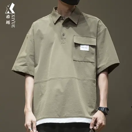 夏季冰丝Polo衫短袖男薄款工装衬衣男士假两件宽松大码上衣男装潮商品大图