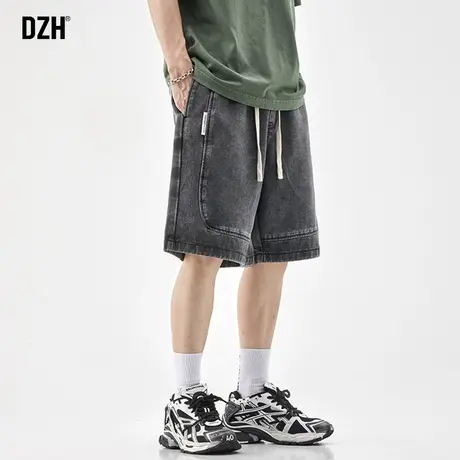 男士黑色松紧腰牛仔裤短裤男款牛仔美式五分裤男潮牌宽松夏裤马裤商品大图