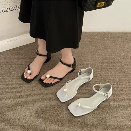 法式一字带方头夹趾凉鞋女2024夏季新款简约珍珠仙女风平底凉鞋女商品大图