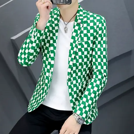 时尚格子西服外套男2022新款秋季韩版帅气单西设计感休闲小西装潮商品大图