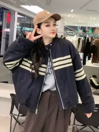 欧洲站拼色立领羽绒服女白鸭绒冲锋衣小个子休闲宽松短款加厚外套商品大图