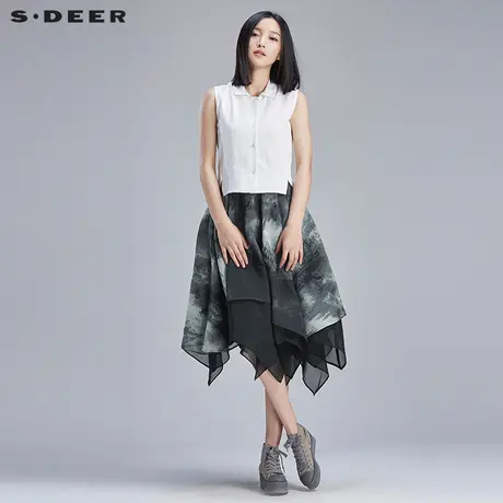 s.deer【新品】圣迪奥女装夏写意水墨印花半开襟连衣裙S16281266图片
