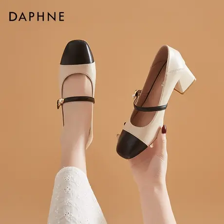 达芙妮复古玛丽珍鞋女粗跟2021新款法式方头中跟单鞋赫本风小皮鞋图片