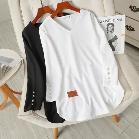 伊自尚大码女装春季休闲宽松遮肉减龄t恤上衣长袖修身白色打底衫商品大图