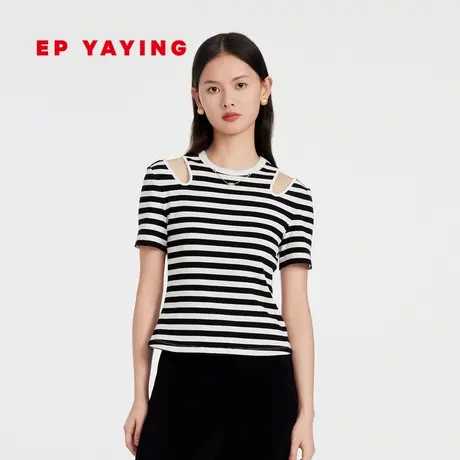 EP雅莹女装 复古露肩条纹短袖T恤甜辣小上衣 2023新款5350A商品大图