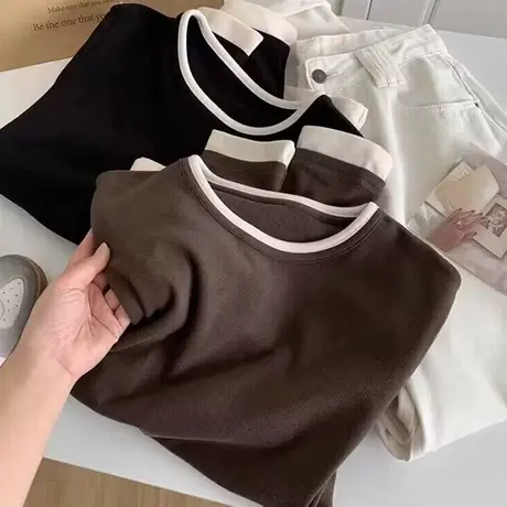 假两件长袖T恤女德绒磨毛保暖打底衫秋冬内搭修身显瘦上衣ins潮牌商品大图