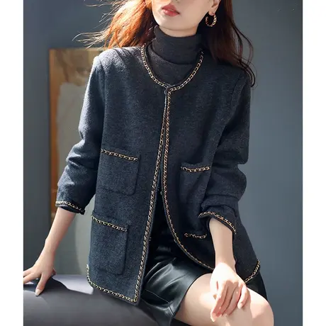 宝诗黎小香风短款链条羊毛外套女2023秋季高级感小个子毛呢开衫厚商品大图