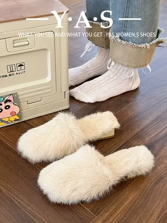 温柔风平底包头毛毛拖鞋女外穿2023秋冬新款法式百搭低跟懒人棉拖商品大图