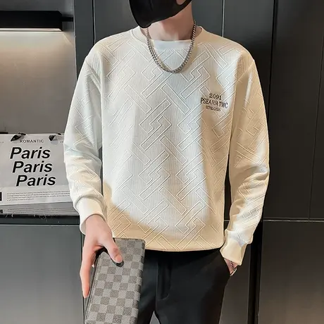 秋季新款日系ins休闲长袖t恤打底衫潮男纯色肌理感个性套头卫衣商品大图