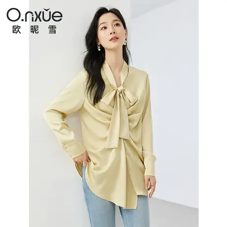 欧昵雪2024春季新款时尚蝴蝶结飘带领衬衫女长袖直筒显瘦小众衬衣商品大图