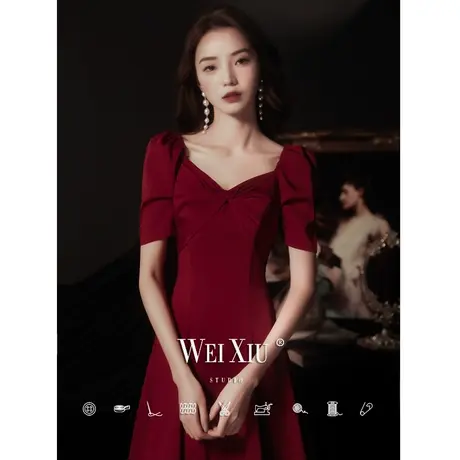 敬酒服新娘夏季酒红色结婚订婚回门小晚礼服连衣裙轻奢小众高端女商品大图