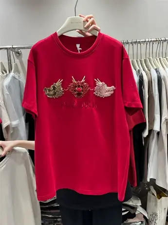 2024龙年新款短袖T恤女冬重工刺绣中长款宽松百搭喜庆打底衫上衣商品大图