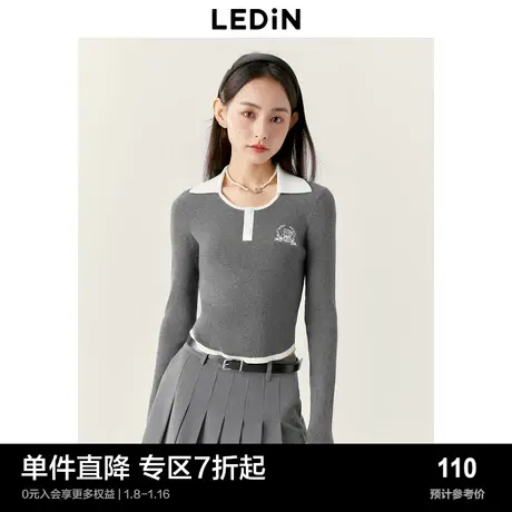 乐町POLO针织小衫秋冬小熊绣标少女感弧形下摆短款针织上衣图片