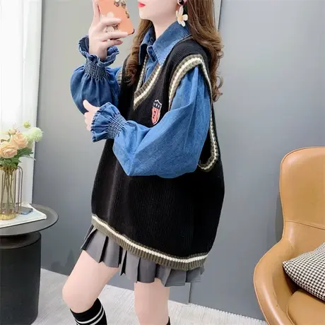 韩版V领时尚学院风针织马甲背心女春季百搭无袖坎肩叠穿毛衣背心商品大图