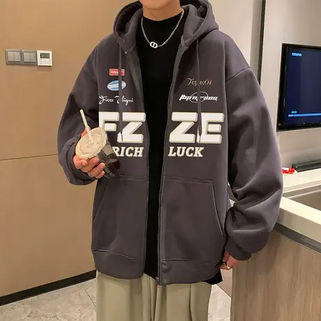 字母印花卫衣男连帽拉链开衫外套春秋季加绒加厚宽松情侣装上衣服商品大图