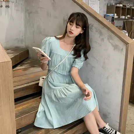 唐狮2021年夏新款连衣裙女设计感小众裙子森系减龄泡泡袖娃娃裙D图片
