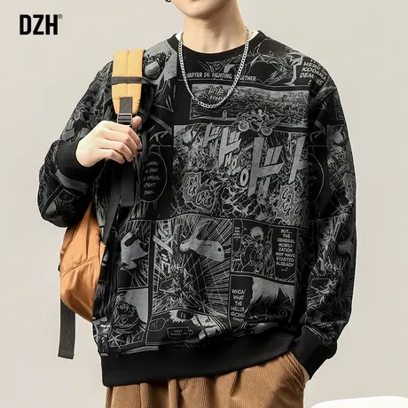 男生涂鸦圆领卫衣男春秋潮牌休闲男装2024新款套头长袖上衣体恤衫商品大图
