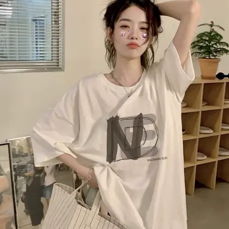 纯棉短袖t恤女夏季大码宽松半袖潮牌ins设计感小众chic港味上衣服商品大图