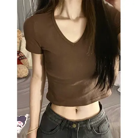 V领打底小衫女夏季修身短款纯棉半袖T恤韩版百搭辣妹纯欲上衣短袖商品大图
