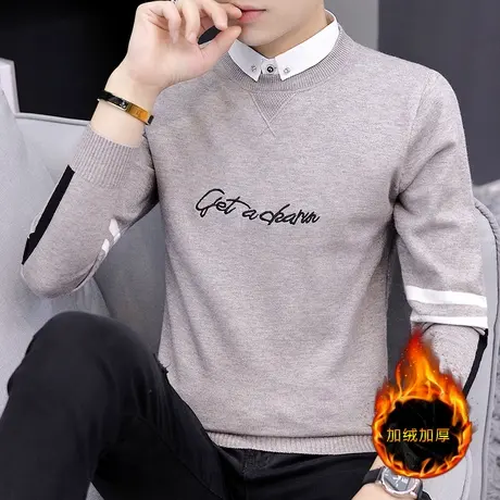 冬季男士假两件衬衫领针织毛衣青年修身加绒加厚保暖上衣打底线衫商品大图