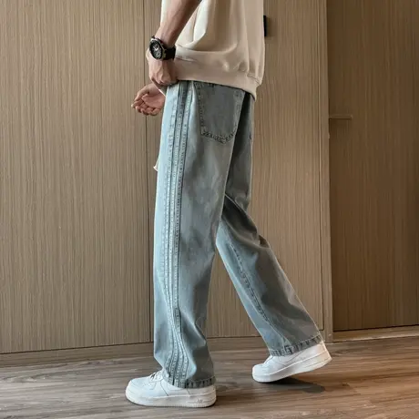 春秋季时尚休闲直筒裤侧面条纹装饰轻熟风百搭潮牌痞帅INS牛仔裤图片