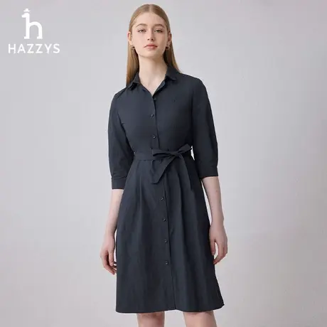 【商场同款】Hazzys哈吉斯2024春季新品7分袖中长款收腰连衣裙女图片
