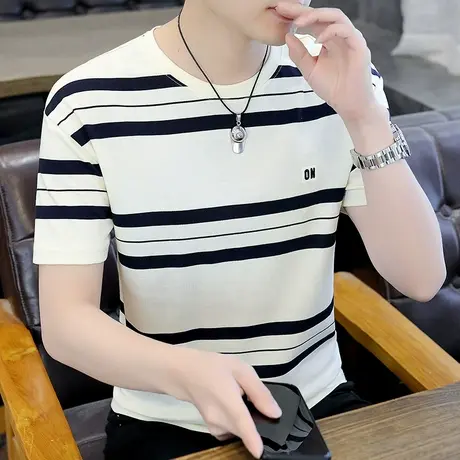 2022夏季条纹撞色刺绣短袖T恤男时尚休闲宽松百搭体恤衫韩版潮ins商品大图