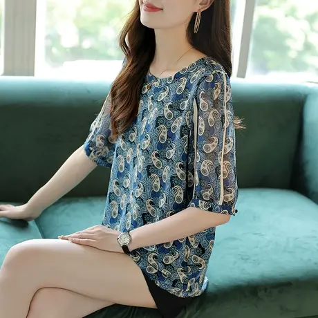 宝诗黎夏季新款圆领碎花雪纺衫女2024宽松薄款五分袖小衫气质上衣商品大图