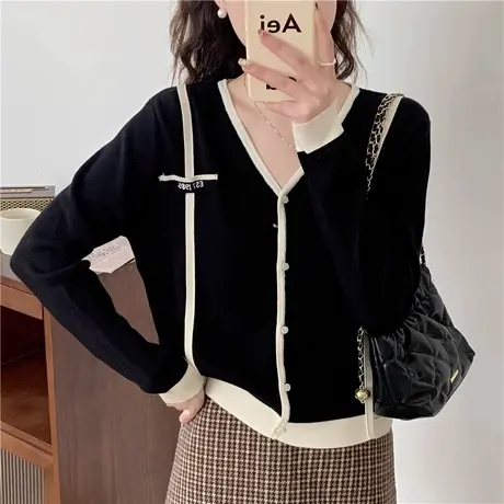 薄款针织开衫女2024年春季新款宽松V领长袖洋气短外套针织衫上衣商品大图