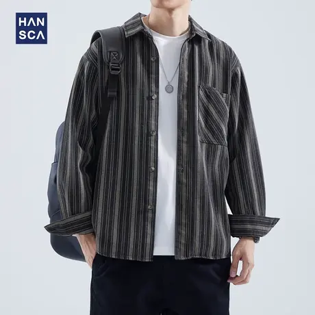 hansca黑灰色条纹衬衫男秋冬季重磅美式复古痞帅宽松休闲长袖衬衣商品大图