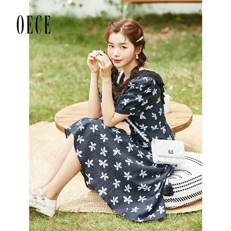 Oece复古撞色裙子夏装新款女法式花边圆领修身连衣裙图片