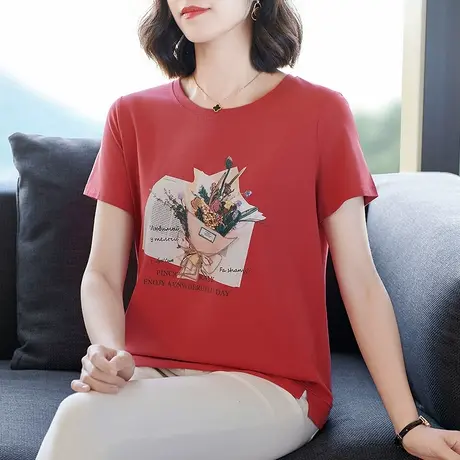 重工刺绣大码女装t恤衫洋气减龄中年妈妈夏装设计感短袖体恤衫棉商品大图