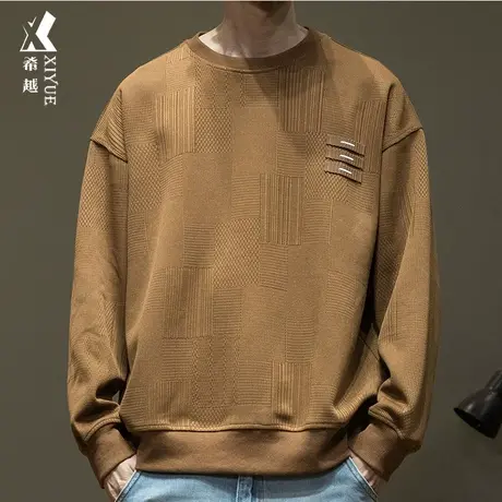 希越美拉德重磅拼接圆领卫衣男2024春秋宽松大码男士300g休闲上装商品大图