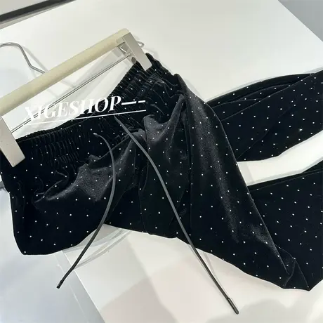 早春丝绒裤女松紧腰抽绳烫钻满天星亮闪闪显瘦黑色宽松阔腿直筒裤图片